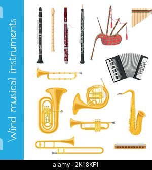 Vector illustration set of wind musical instruments in cartoon style isolated on white background Stock Vector