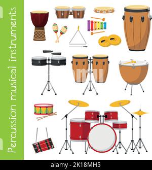 Vector illustration set of percussion musical instruments in cartoon style isolated on white background Stock Vector