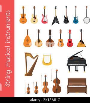 Vector illustration set of string musical instruments in cartoon style isolated on white background Stock Vector