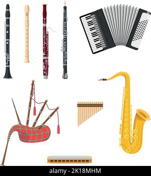 Vector illustration set of woodwind musical instruments in cartoon style isolated on white background Stock Vector