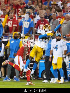 Kansas, USA. 16th Sep, 2022. SEP 15, 2022: Los Angeles Chargers cornerback Asante Samuel Jr. (26) makes a play on an overthrown pass at Arrowhead Stadium Kansas City, Missouri. TheChiefs beat the Chargers 27-24 Jon Robichaud/CSM. Credit: Cal Sport Media/Alamy Live News Stock Photo