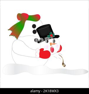 Humorous Snowman wearing top hat as he prepares for Christmas while holding his head ready to put in place.  Concept, Not ready yet for Christmas. Stock Photo