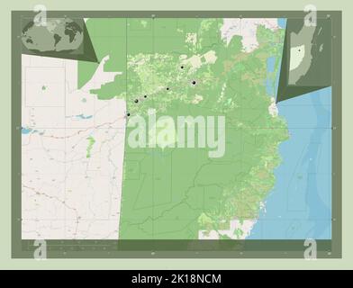 Cayo, district of Belize. Open Street Map. Locations of major cities of the region. Corner auxiliary location maps Stock Photo