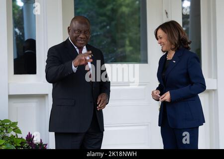 Washington DC, USA. 16th Sep, 2022. United States Vice President Kamala Harris and President Cyril Ramaphosa of South Africa chat before holding discussions at the Vice President's Official Residence in Washington, DC on Friday, September 16, 2022. Credit: UPI/Alamy Live News Stock Photo