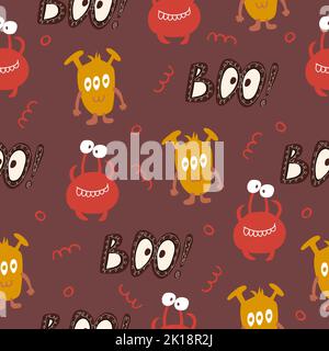 Seamless pattern for Halloween holiday with cute cartoon monsters and Boo halloween lettering. Childish background for fabric, wrapping paper, textile Stock Vector
