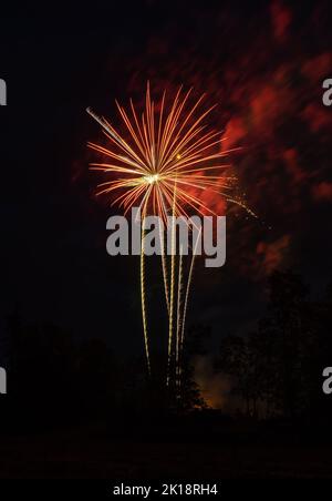 Spectacular fireworks streaking upwards and exploding with in the sky. Stock Photo