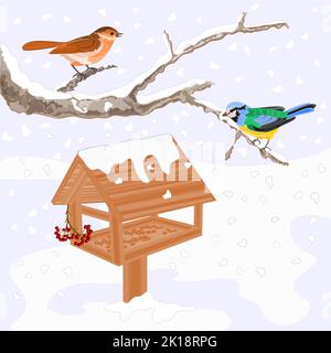 Birds titmouse warbler and feeder winter theme vector illustration Stock Vector