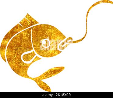 Hand drawn Hooked fish icon in gold foil texture vector illustration Stock Vector