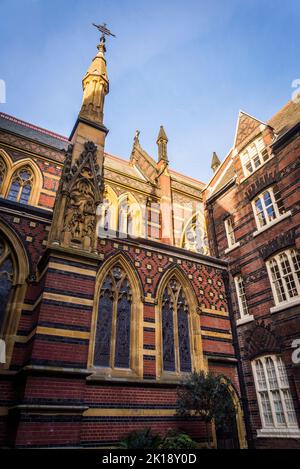 All Saints Church, a Grade I listed Anglo-Catholic church designed by William Butterfield in High Victorian Gothic style and built in 1850s, London, UK Stock Photo