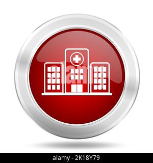 Hospital building red glossy vector icon, medical concept silver metallic round web button Stock Vector