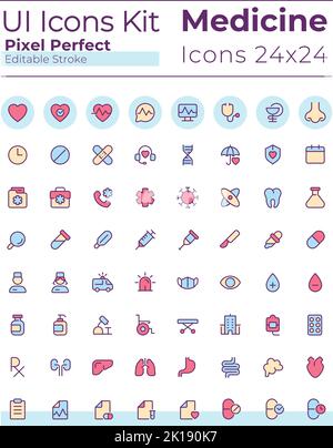 Medicine related pixel perfect RGB color ui icons set Stock Vector
