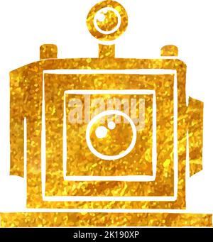 Hand drawn Large format camera icon in gold foil texture vector illustration Stock Vector