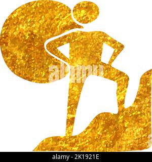 Hand drawn Rock climbing icon in gold foil texture vector illustration Stock Vector