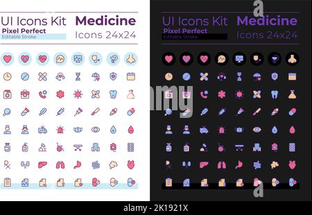 Medicine pixel perfect RGB color ui icons set for dark, light mode Stock Vector