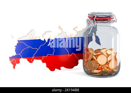 Russian map with glass jar full of golden coins, 3D rendering isolated on white background Stock Photo