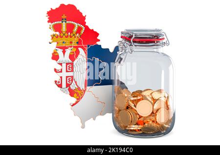 Serbian map with glass jar full of golden coins, 3D rendering isolated on white background Stock Photo