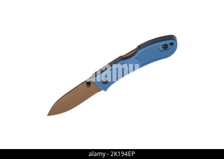Pocket folding knife isolate on white background. Compact metal sharp knife with a folding blade. Stock Photo