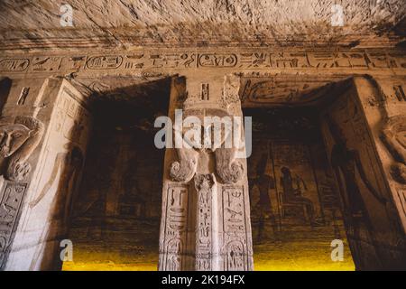 Ancient Egyptian Drawing on the Walls of the Great Temple at Abu Simbel, Egypt Stock Photo