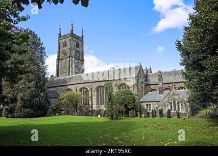 Tavistock Parish Church seen across the grounds. One of only three English churches dedicated to St Eustachius. Stock Photo