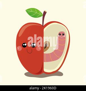 Cute green worm happy in love with sweet red apple Stock Photo