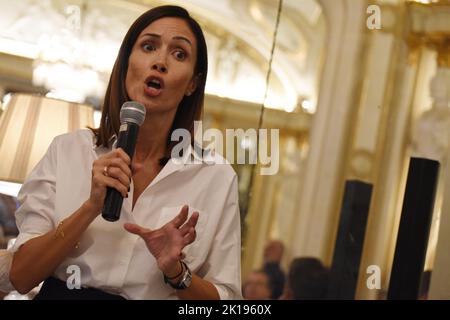 Naples, Italy. 14th Sep, 2022. (9/14/2022) Mara Carfagna, Minister for the South and Social Cohesion, member of Azione's party, holds one electoral speech in Naples about the work stability for womens and for the young. (Photo by Pasquale Gargano/Pacific Press/Sipa USA) Credit: Sipa USA/Alamy Live News Stock Photo
