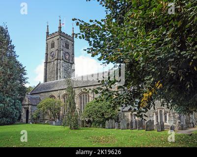 Tavistock Parish Church seen across the grounds with a tree in forground ideal for header text. One of only three English churches dedicated to St Eus Stock Photo