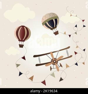 Vector illustration balloons and planes, mountings and clouds. Wallpaper for nursery, for boys. Pastel colors Stock Photo