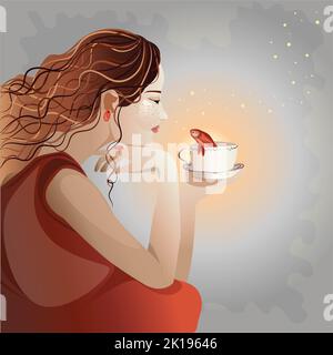 beautiful girl with copper curly hair. dark red dress and, earrings and ring. the girl holds in her hand a cup from which a goldfish looks out at her. Stock Photo