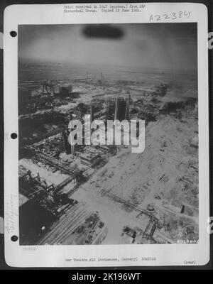 Aerial View Of The Bomb Damaged Braunkohn Benzin A.G. Oil Refinery Plant At Rothensee, Germany. 10 May 1945. Stock Photo