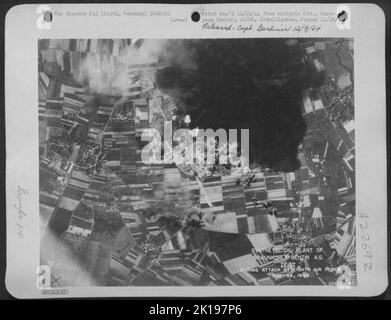 Synthetic oil plant of Braunkohle-Benzin A.G. at Zietz, Germany. During attack by 8th Air Force 28 May 1944. Stock Photo