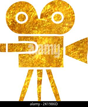 Hand drawn Movie camera icon in gold foil texture vector illustration Stock Vector