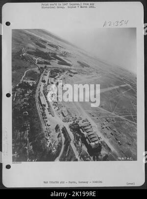 Aerial View Of The Bomb Damaged Bachmann Von Blumenthal Aircraft Assembly Plant At Furth, Germany. 16 May 1945. Stock Photo