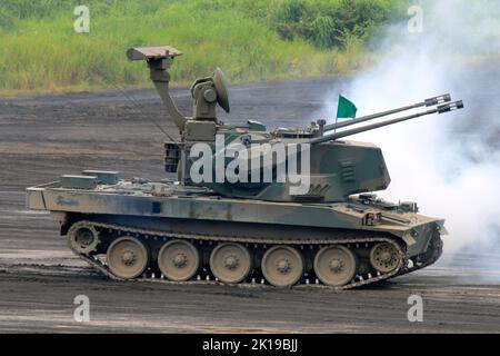 The Type 87 self-propelled anti-aircraft gun of Japan self defense force at Higashi-Fuji Firing Range Stock Photo