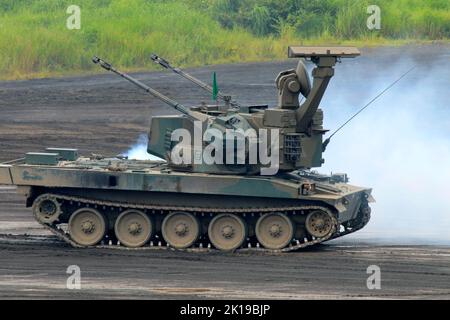 The Type 87 self-propelled anti-aircraft gun of Japan self defense force at Higashi-Fuji Firing Range Stock Photo