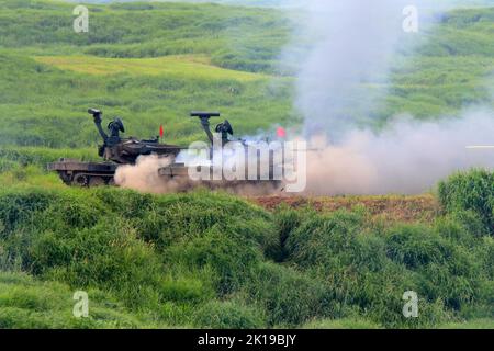 The Type 87 self-propelled anti-aircraft gun of Japan self defense force at Higashi-Fuji Firing Range Stock Photo