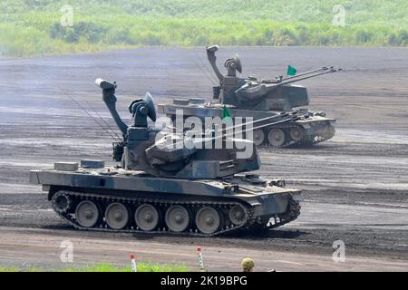 The Type 87 self-propelled anti-aircraft gun of Japan self defense force at Higashi-Fuji Firing Range Stock Photo