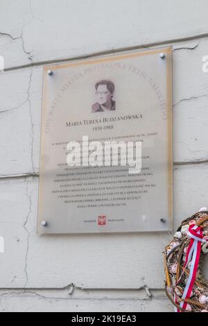 Piotrkow Trybunalski, Poland - May 30, 2022: Memorial plaque of Maria Teresa Budzanowska. Maria Budzanowska was a member of Warsaw Uprising. Stock Photo