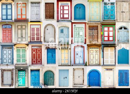 Collage of front doors in various colors, blue, red, green, yellow, beige, brown. Fun positive wallpaper background. Copy space. Stock Photo