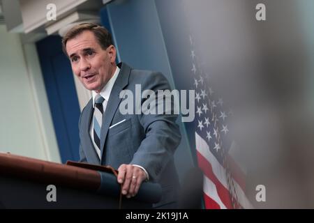 Washington DC, USA. 16th Sep, 2022. National Security Council spokesman John Kirby speaks during the daily press briefing in the James Brady Room at the White House on September 16, 2022. Credit: Oliver Contreras/Pool via CNP /MediaPunch Credit: MediaPunch Inc/Alamy Live News Stock Photo