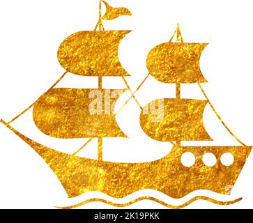 Hand drawn pirate ship icones in gold foil texture vector illustration Stock Vector