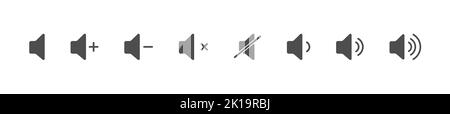 Volume icon. Sound controls. A set of symbols for the volume and control interface. Filled silhouette, flat style. Stock Vector
