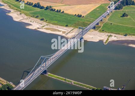 Aerial view, Krefeld-Uerdingen bridge, over river Rhine, Mündelheim, Duisburg, Ruhr area, North Rhine-Westphalia, Germany, Bridge, DE, Europe, Aerial Stock Photo