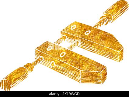 Hand drawn wooden clamp icon woodworking tool in gold foil texture vector illustration Stock Vector