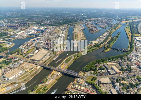 Aerial view, Duisburg port Ruhrort with scrap island, coal island and oil island, Ruhr lock and Ruhr weir, Ruhrort, Duisburg, Ruhr area, North Rhine-W Stock Photo
