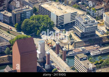 Aerial view, Calaisplatz, inner harbor, old town, Duisburg, Ruhr area, North Rhine-Westphalia, Germany, DE, Europe, Green trees, Aerial photography, P Stock Photo