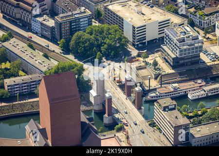 Aerial view, Calaisplatz, inner harbor, old town, Duisburg, Ruhr area, North Rhine-Westphalia, Germany, DE, Europe, Green trees, Aerial photography, P Stock Photo