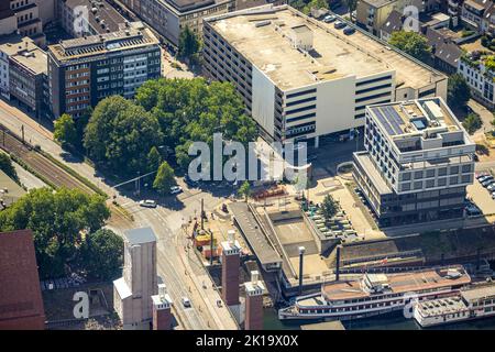 Aerial view, Calaisplatz, inner harbor, old town, Duisburg, Ruhr area, North Rhine-Westphalia, Germany, DE, Europe, Green trees, Aerial photography, P Stock Photo