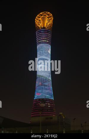 Doha, Qatar - September 14, 2022: Aspire Tower, also known as The Torch Doha, is a 300-metre-tall skyscraper hotel located in the Aspire Zone complex Stock Photo