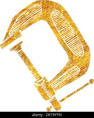 Hand drawn clamp icon woodworking tool in gold foil texture vector illustration Stock Vector