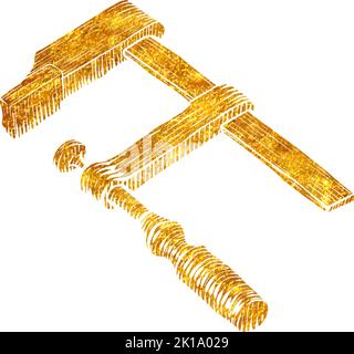 Hand drawn clamp icon woodworking tool in gold foil texture vector illustration Stock Vector